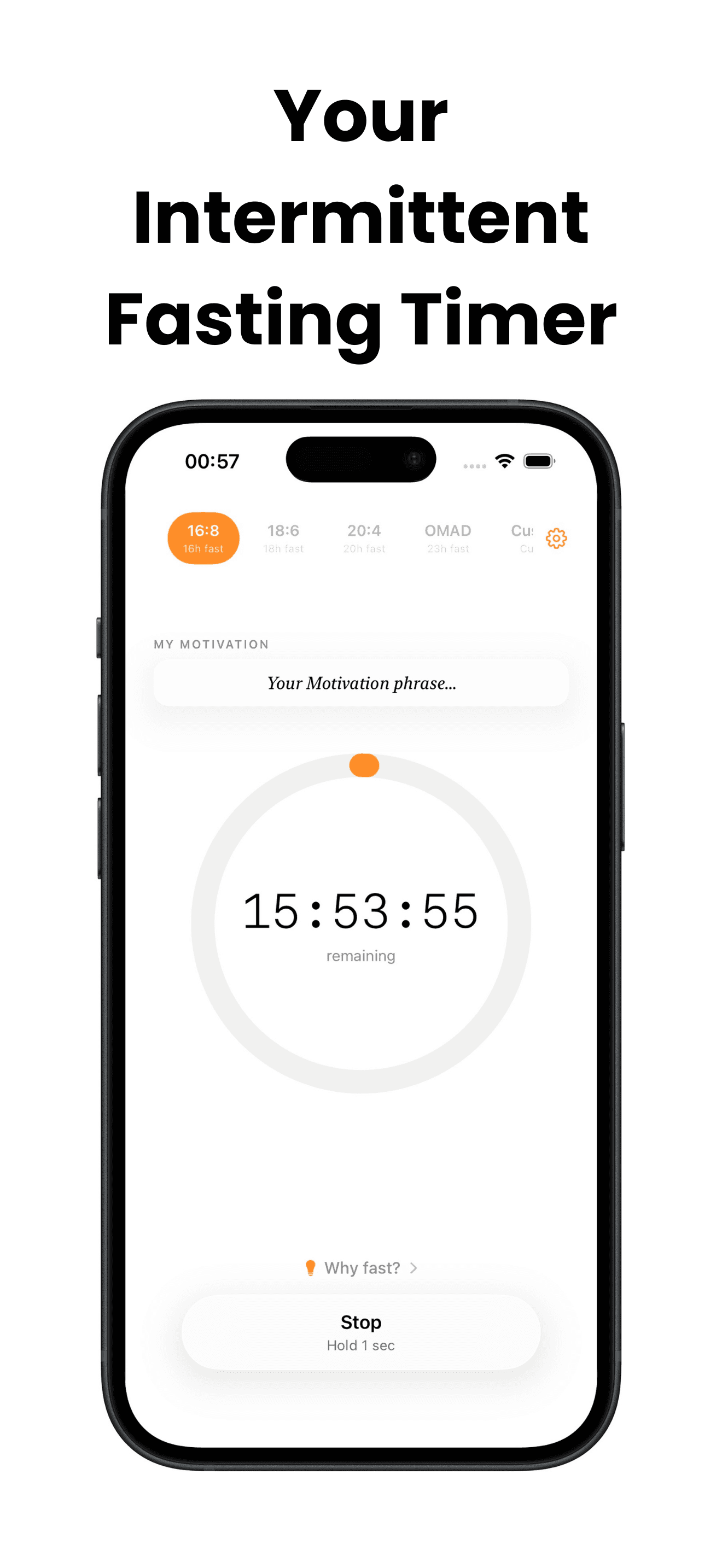 Faast app screen showing the 16:8 fasting timer with a countdown ring