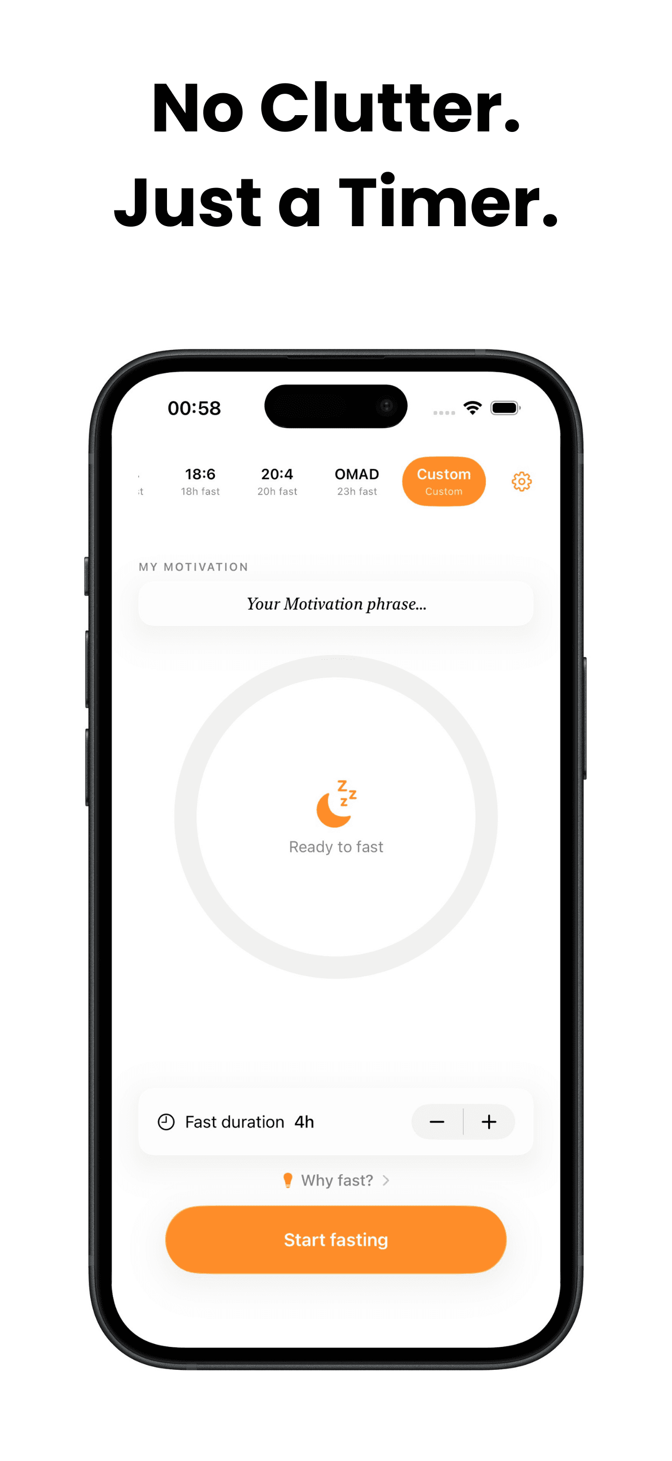 Faast app screen showing the custom fast duration picker